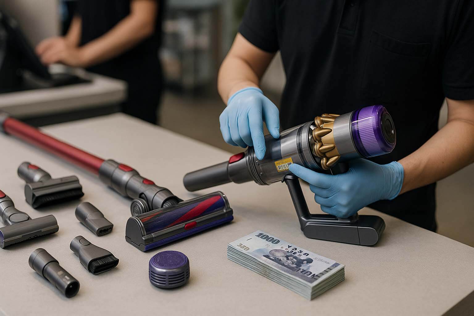 門市人員檢測 Dyson 吸塵器，桌面擺放配件與現金疊放