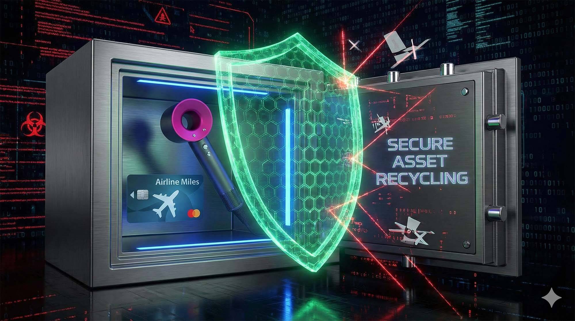 一個數位保險箱內存放著 Dyson 吹風機與華航哩程卡，背景是模糊的駭客代碼被阻擋，象徵資產受到實體店面的保護 / Digital safe containing Dyson hair dryer and China Airlines mileage card, background with blocked hacker code, symbolizing assets protected by physical store.